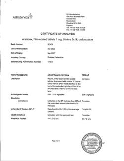 12725-Сертификат Аримидекс, таблетки покрыт.плен.об. 1 мг 28 шт-34