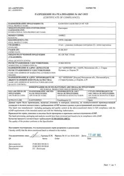 20565-Сертификат Капотен, таблетки 25 мг 28 шт-109